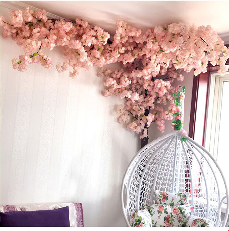 网红店金店珠宝店背景墙面装饰仿真樱花树室内吊顶塑料假花藤条定制