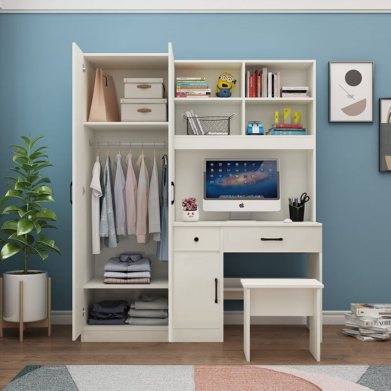 森德尼衣柜书桌一体小户型卧室学生电脑桌写字台带书柜家用组合升级款