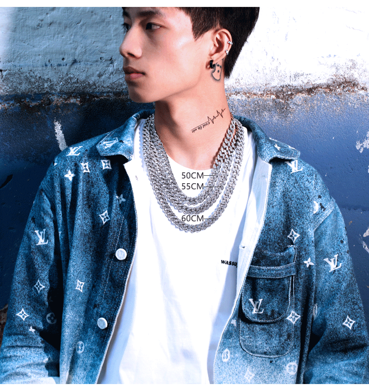 【现货速发】王嘉尔同款项链满钻古巴钻石扣男潮嘻哈美式密钻粗款古巴