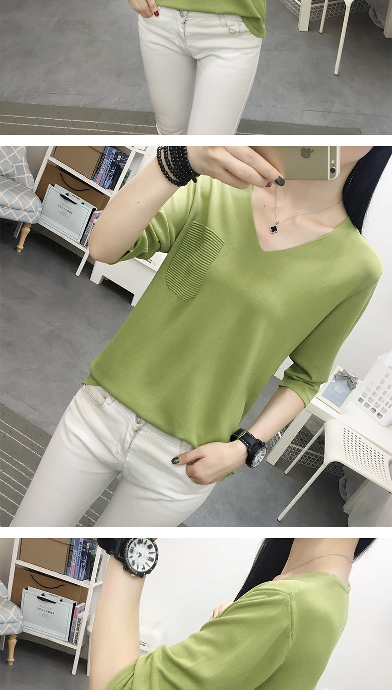 冰丝t恤女2020新款v领宽松套头中袖针织衫春夏装七分袖洋气上衣薄