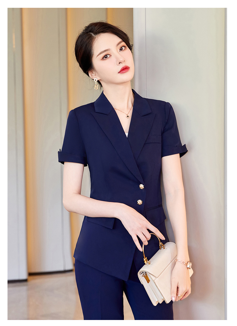 桑蒲高档白领职业装女装套裙 高档女装工作全套夏天深蓝色西装外套女