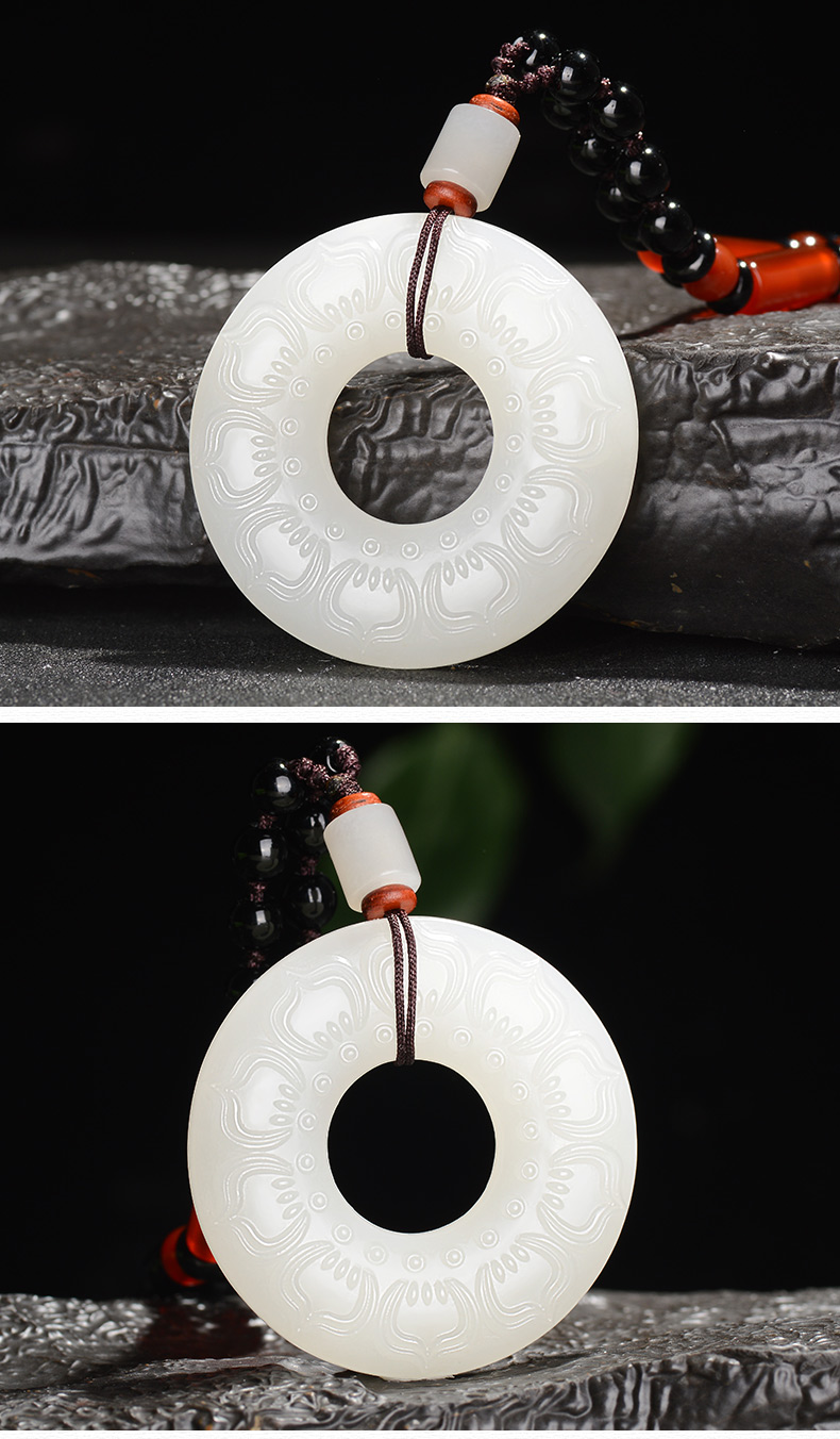 朴春和田玉羊脂白玉莲花平安扣吊坠女士圆形玉佩挂件玉石玉坠项链送