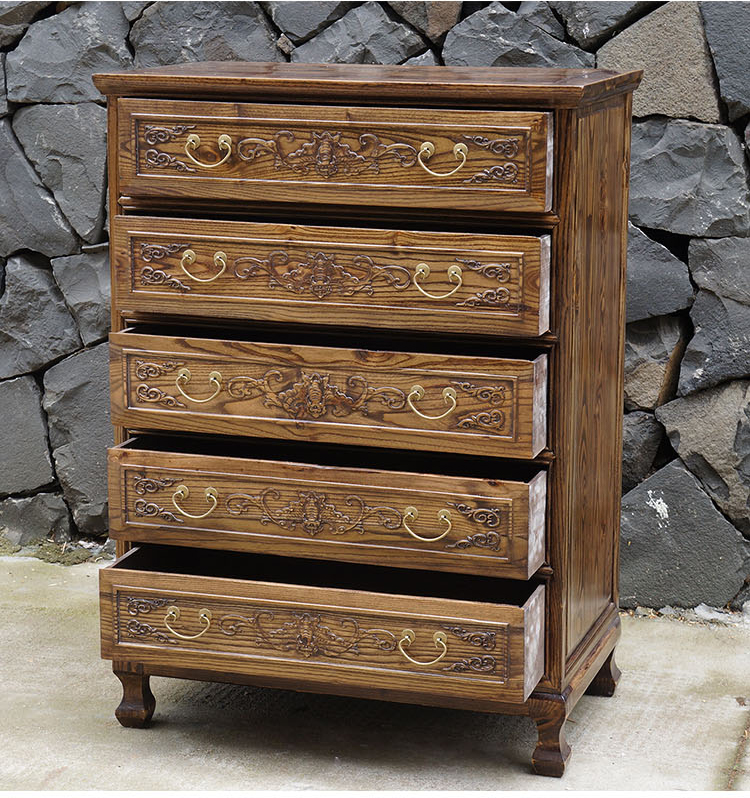 资瑞轻奢品牌实木雕花五斗柜复古多抽屉收纳储物柜床边柜中式仿古家具