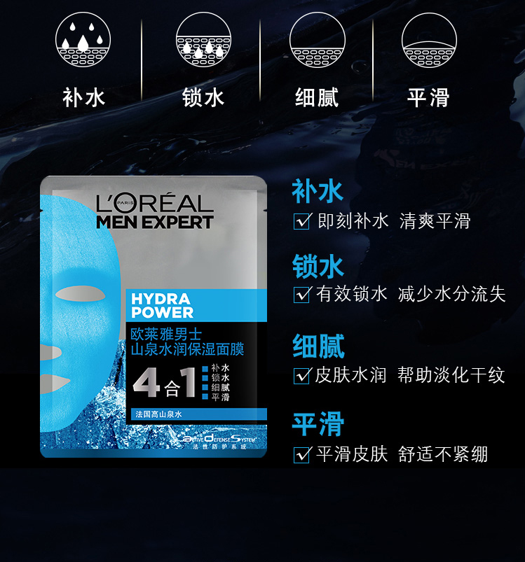 欧莱雅loreal男士山泉水润保湿面膜清爽补水保湿提亮肤色收缩毛孔免洗