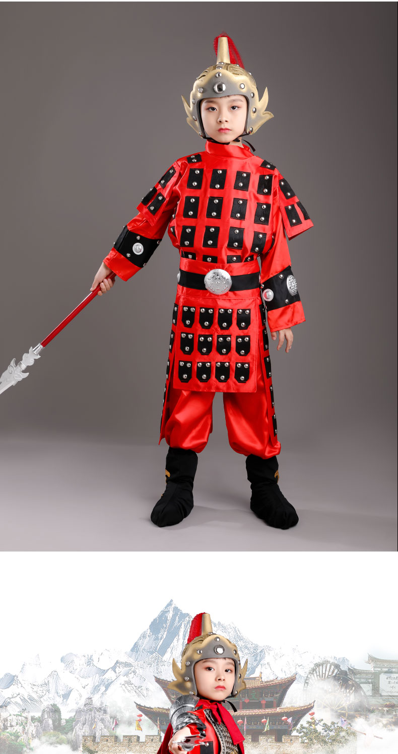 将军古代儿童服装盔甲士兵服金色花木兰满江红赵云战袍白色演出服 160
