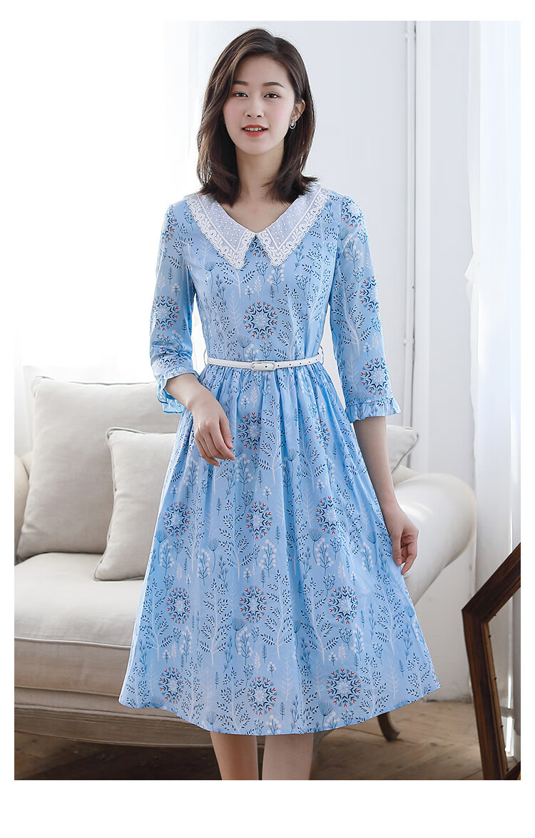 勿忘花连衣裙女2021秋季蓝色碎花修身显瘦七分袖娃娃领淑女裙子 蓝色