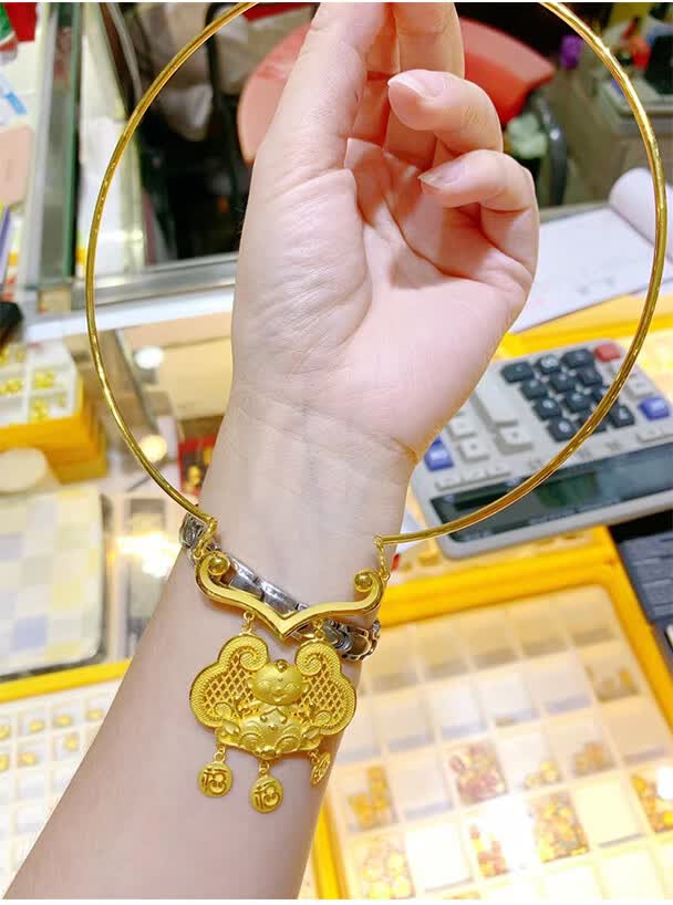 老凤凰宝宝周岁金项圈黄金百福锁吊坠足金长命锁项链婴儿满月金饰品