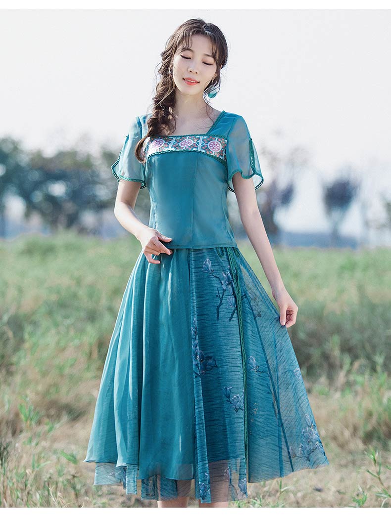烟花烫民族风半身裙女2020夏季新款花枝图案森系文艺裙子zg迷途蓝绿色