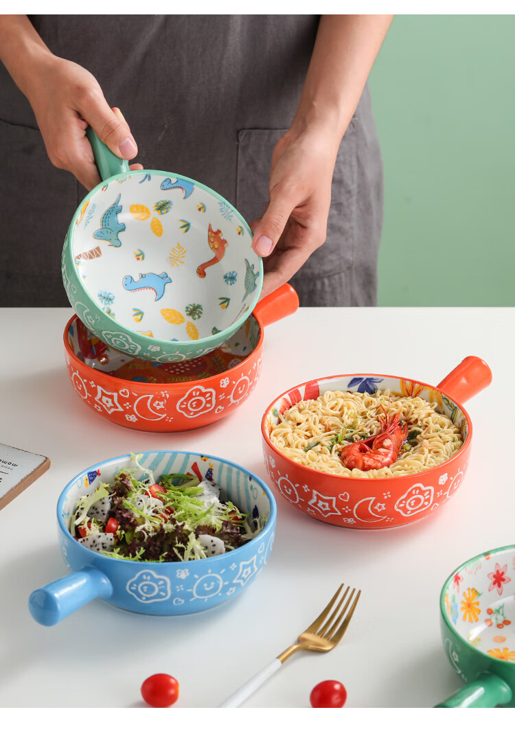 带把碗 创意卡通手柄碗家用水果沙拉碗餐具可爱少女心带把泡面碗陶瓷