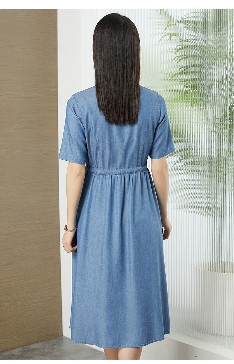 梦舒雅天丝牛仔连衣裙女2022夏季新品气质抽绳收腰显瘦圆领连垂感衬衫