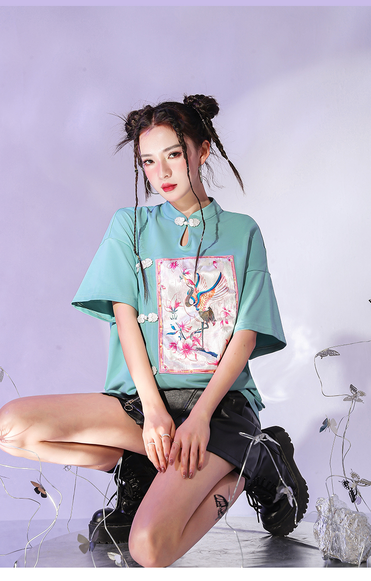 jkjs原创国风仙鹤短袖国潮t恤女夏季2022年新款印花复古半袖中国风