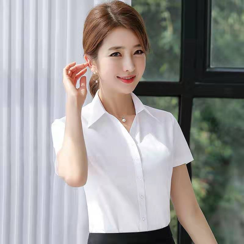 贤语2022夏新款v领职业衬衫女短袖正装韩版修身白衬衣工装半袖工作服