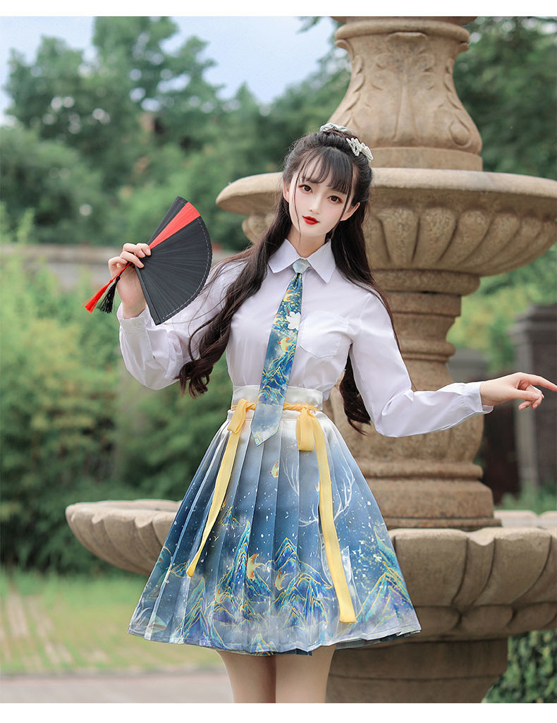 vzvk三月兮原创汉服女国风改良汉元素学生衬衫百褶夏红色单s8090斤