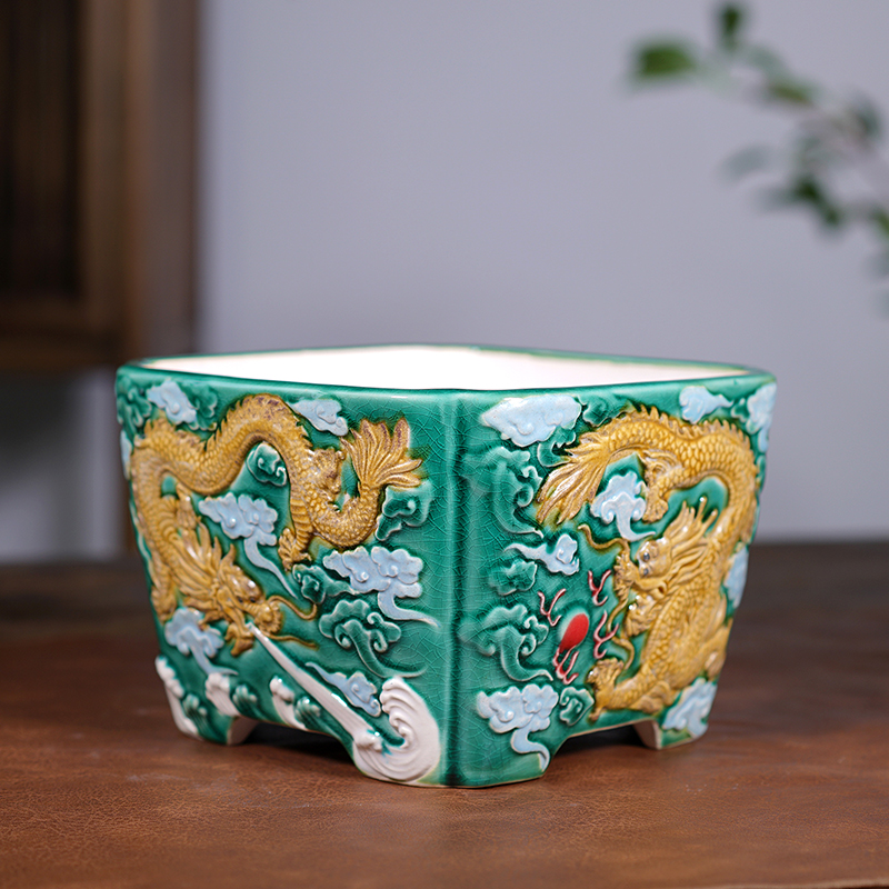 陶瓷石湾盆紫砂花盆陶瓷长方形盆景盆彩绘龙盆多肉盆栽新中式石湾盆冉