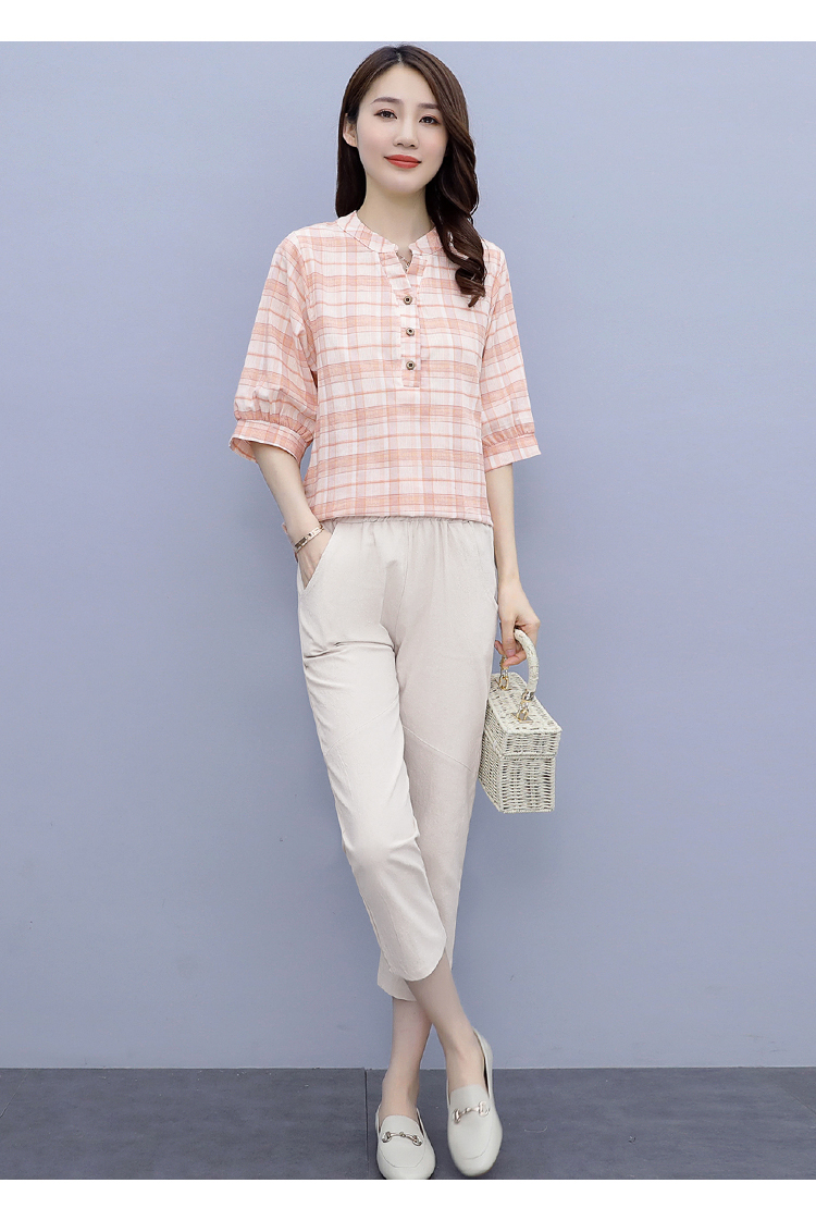 夏款棉麻套装女154小个子女夏2022新款格子宽松高端洋气减龄时尚亚麻