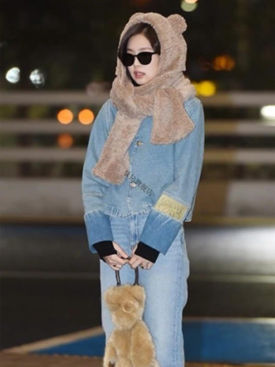 抖音同款jennie同款帽子网红小熊围巾一体女羊羔绒手套冬季毛绒可爱