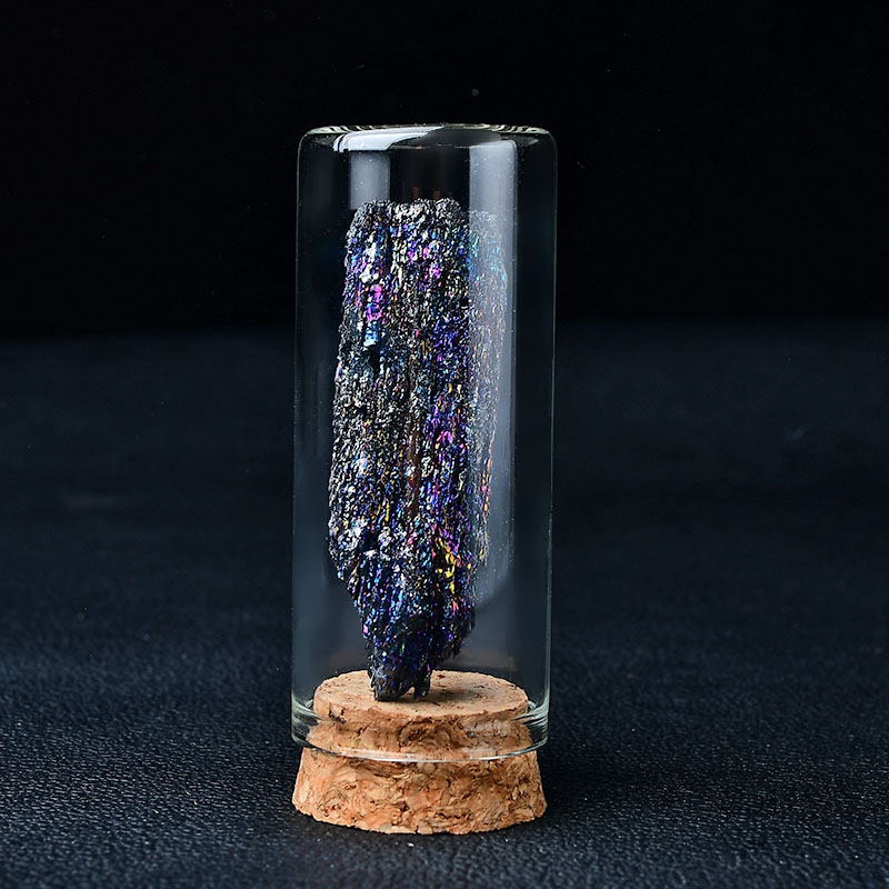 天然水晶原石铋矿蓝碧玺七彩矿摆件孩子科普教学标本矿物晶体盒 蓝