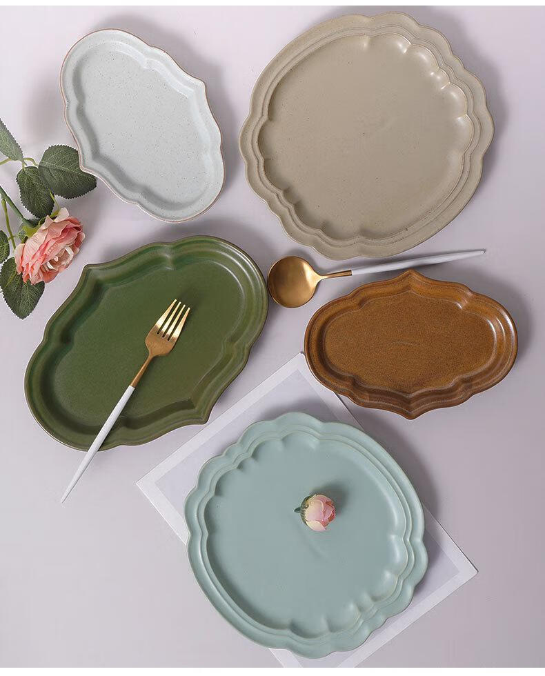 平盘 浅盘日式花边陶瓷平盘创意水果甜品浅盘复古家用手工不规则菜盘