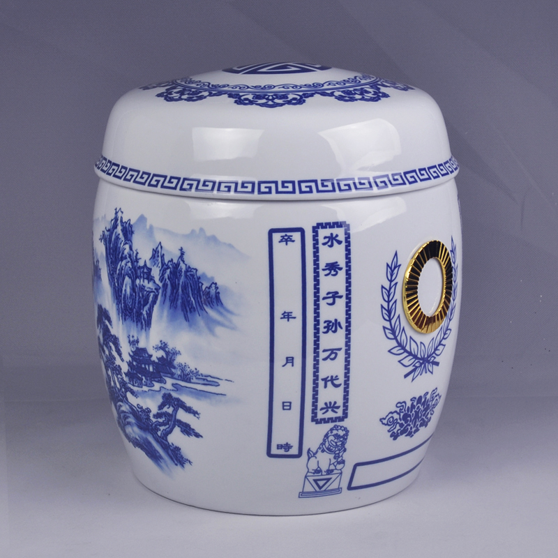 青花瓷骨灰坛 陶瓷骨灰罐 骨灰盒 骨灰盅 山水图 瓷器骨灰坛罐 直径