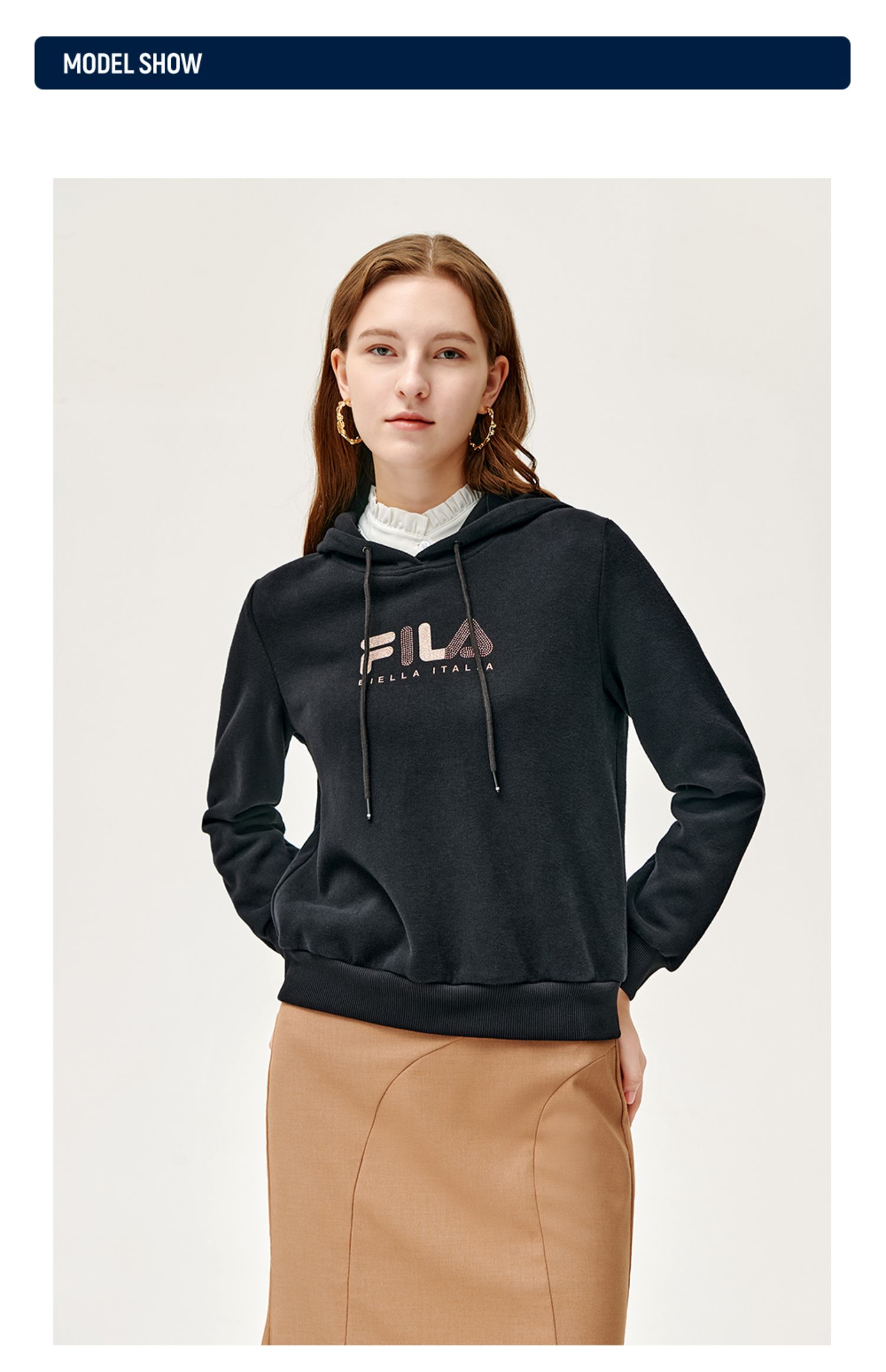 fila斐乐官方女子卫衣2021冬季新款连帽运动休闲卫衣连帽衫正黑色bk1