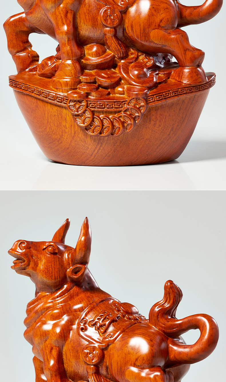 卡洛乐花梨木雕摆件牛实木质雕刻动物生肖家居装饰办公开业红木工艺