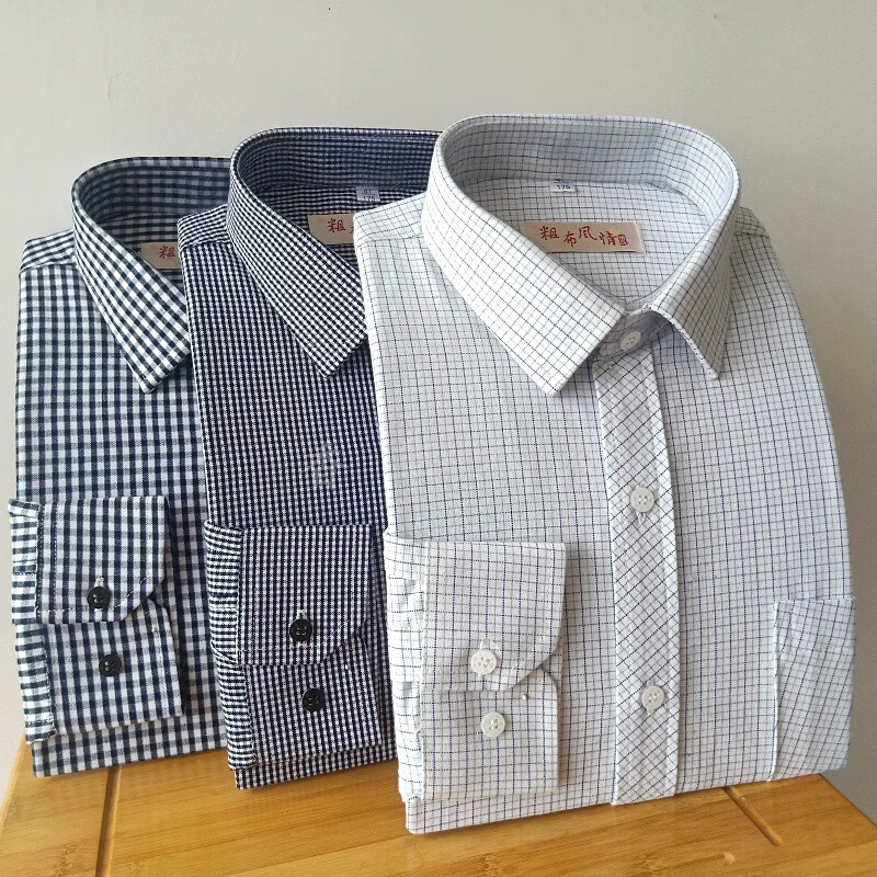 老粗布男士衬衣秋季纯棉小格子长袖宽松舒适中老年爸爸装透气吸汗