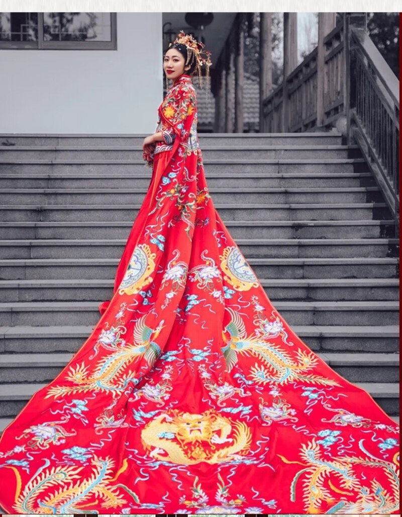 汉服婚服凤冠霞帔大拖尾嫁衣中式婚礼披风结婚秀禾新娘服古装礼服披肩