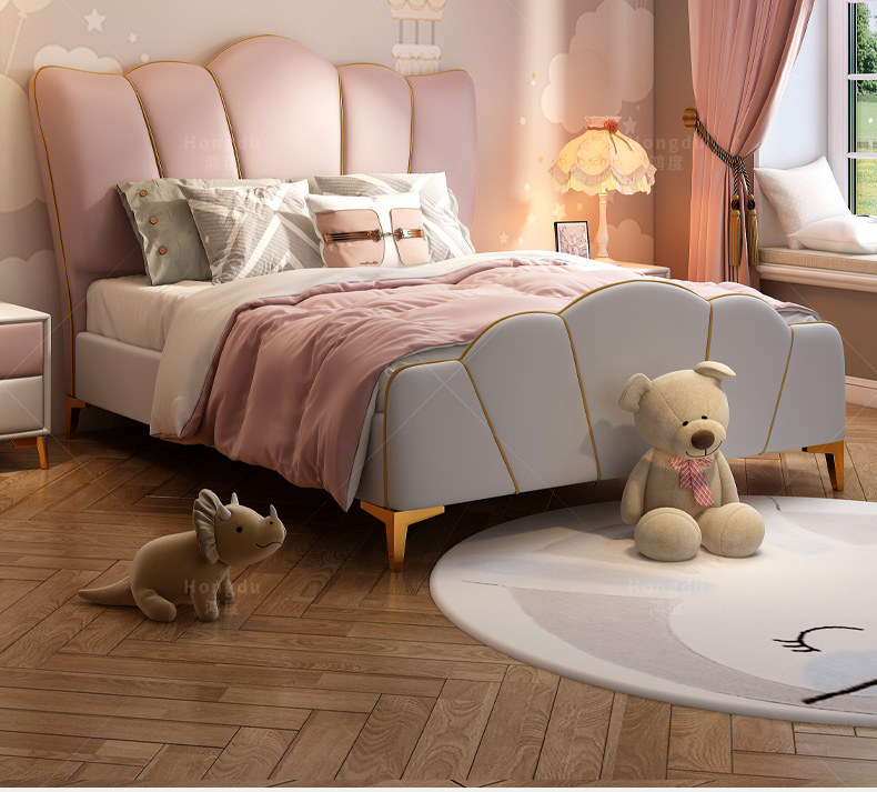 健乐美儿童床女孩公主床15米儿童皮床纳帕皮床女童床粉色轻奢床女生