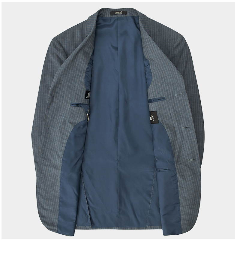 judger庄吉商务休闲男士单西服985羊毛西装毛料时尚条纹双开叉浅蓝色