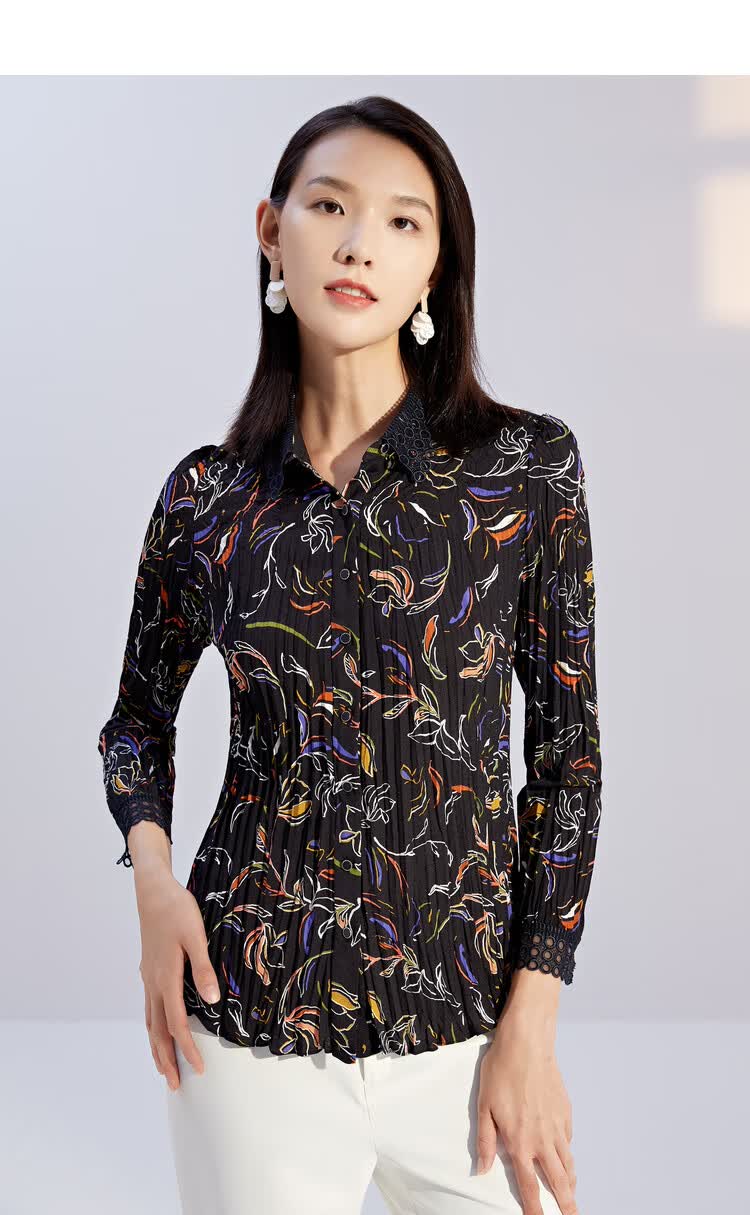 娜尔思长袖女上衣春季新款翻领通勤套头衫百搭修身印花衬衫暗青紫色40
