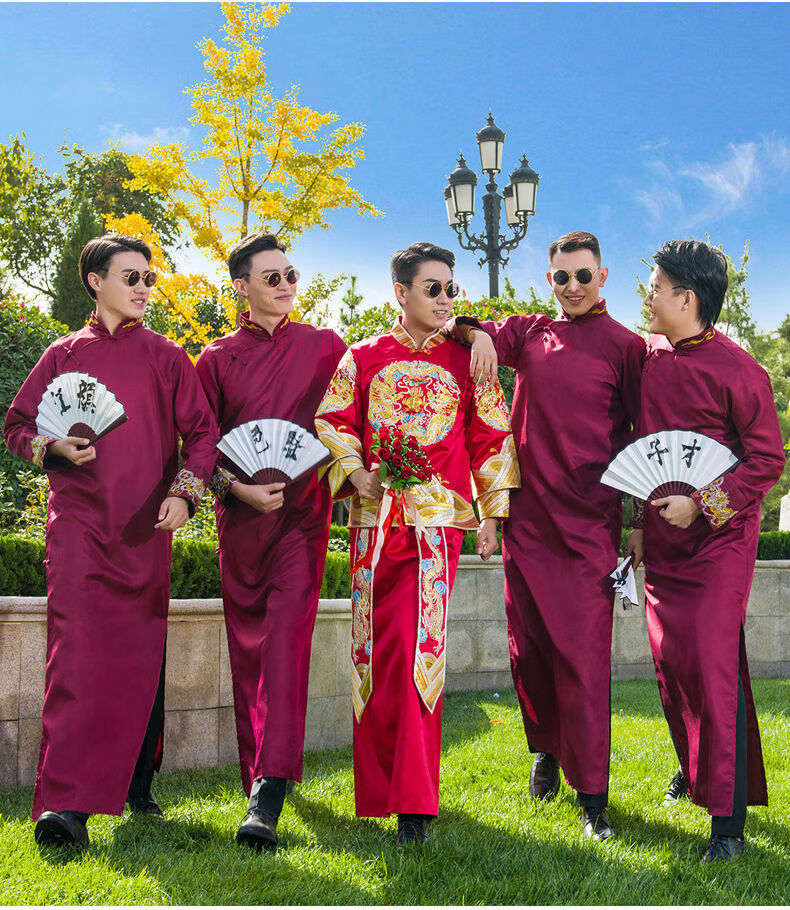 蜜丹丽新品兄弟团服装伴郎服中式婚礼男士长衫兄弟团结婚礼服中国风