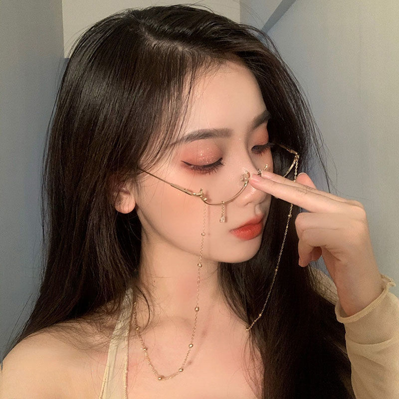 新品金丝框眼镜链条带钻无镜片金属眼镜抖音下半框平光镜水滴装饰链条