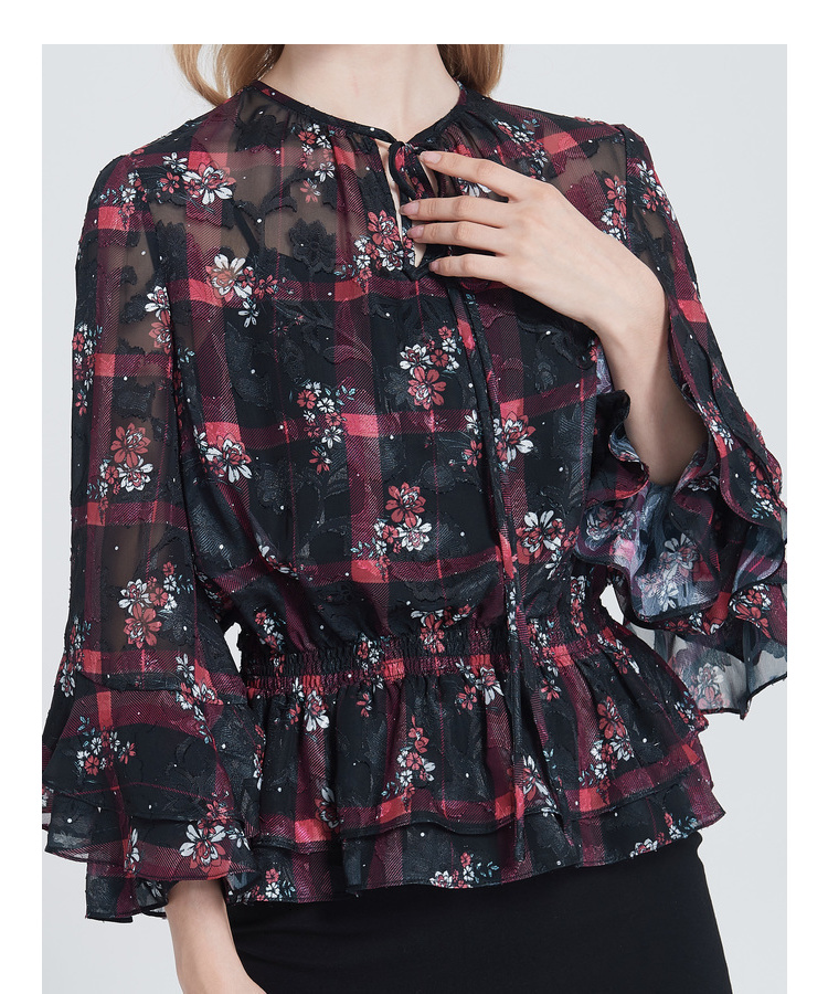 欣贺卓雅19秋冬新款碎花层叠感系带掐腰设计雪纺上衣ejw9da95 深红色