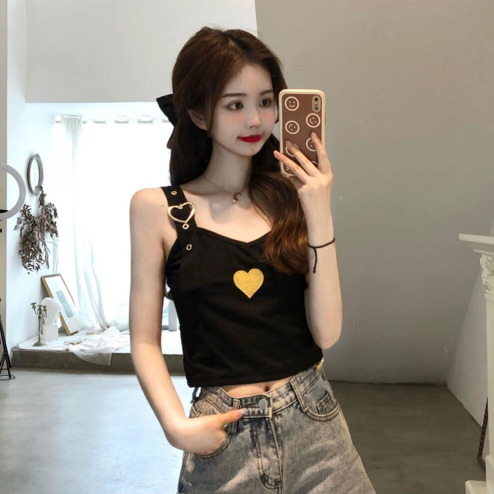 吊带背心打底薄款可调节吊带韩版设计感金属爱心刺绣法式朋克少女外穿
