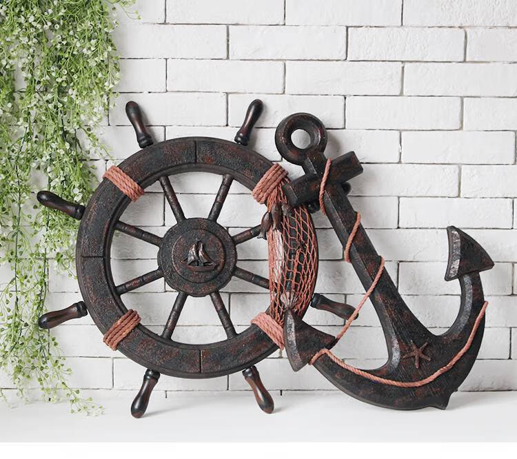 木质船锚壁饰 地中海船舵装饰木制复古做旧船锚壁挂仿旧大气舵手方向