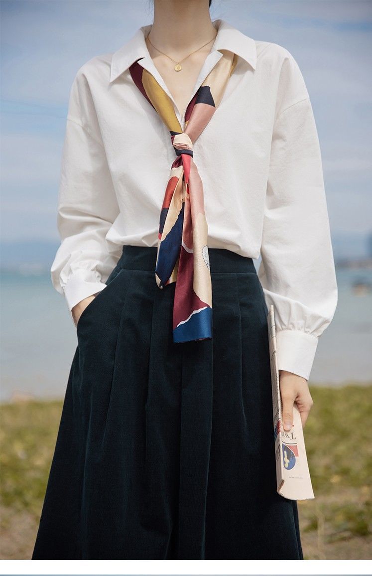 宽松白色衬衣女长袖2022春夏新款设计感小众上衣v领时尚休闲衬衫白色
