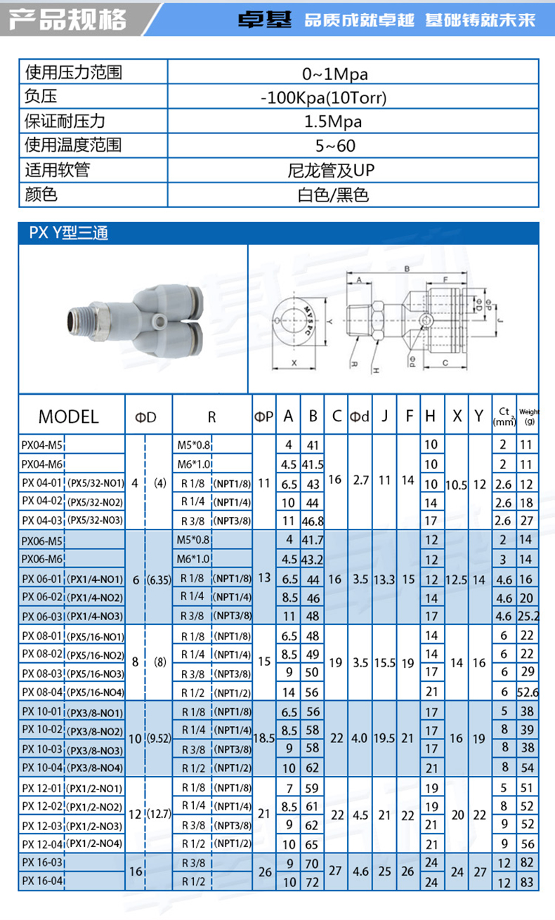 y型螺纹三通快插接头气动快速接头px气管气缸电磁阀接头白色px401