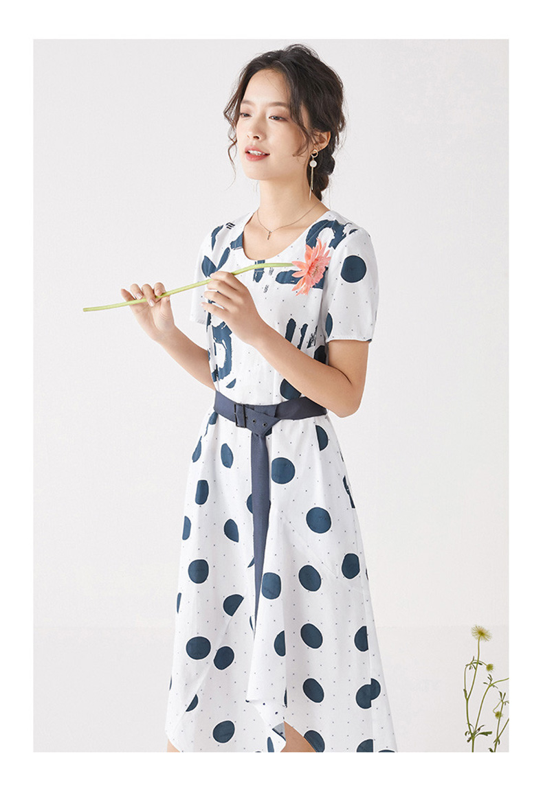 熙然夏季新款圆领浪漫不规则下摆大波点纯棉印花连衣裙女腰带云朵白s