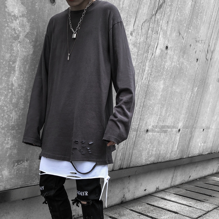 高街下摆破洞打底衫破坏纯色叠穿内搭oversize嘻哈纯棉长袖t恤男 白色