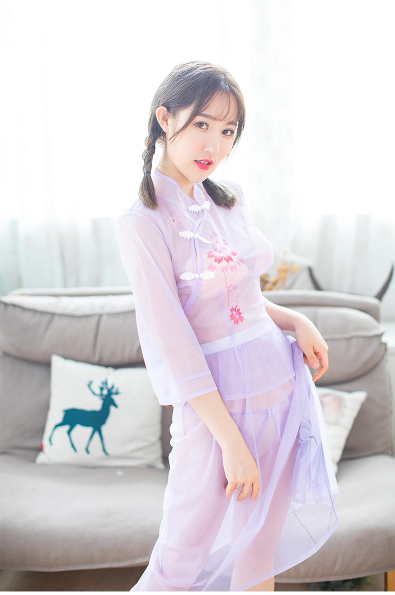 菠萝蜜复古旗袍式民国风性感睡衣女三件套透明情趣睡裙薄款制服内衣