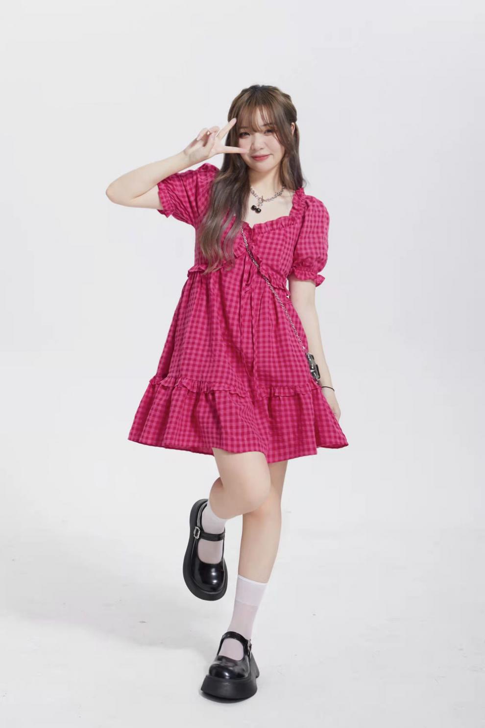 怡颗莓』甜美高腰泡泡袖树莓连衣裙樱花粉系荷边甜美 樱花粉色连衣裙