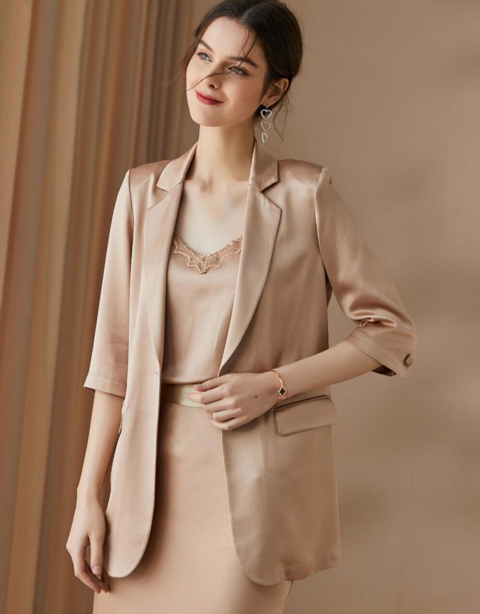 米思阳春装新款气质知性香槟色小西装醋酸缎面西服外套女0197香槟色m