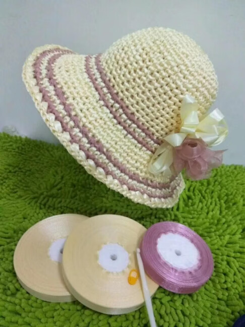 手工勾帽子夏季太阳帽彩带diy帽子布条缎带丝带手工编织钩太阳帽材料