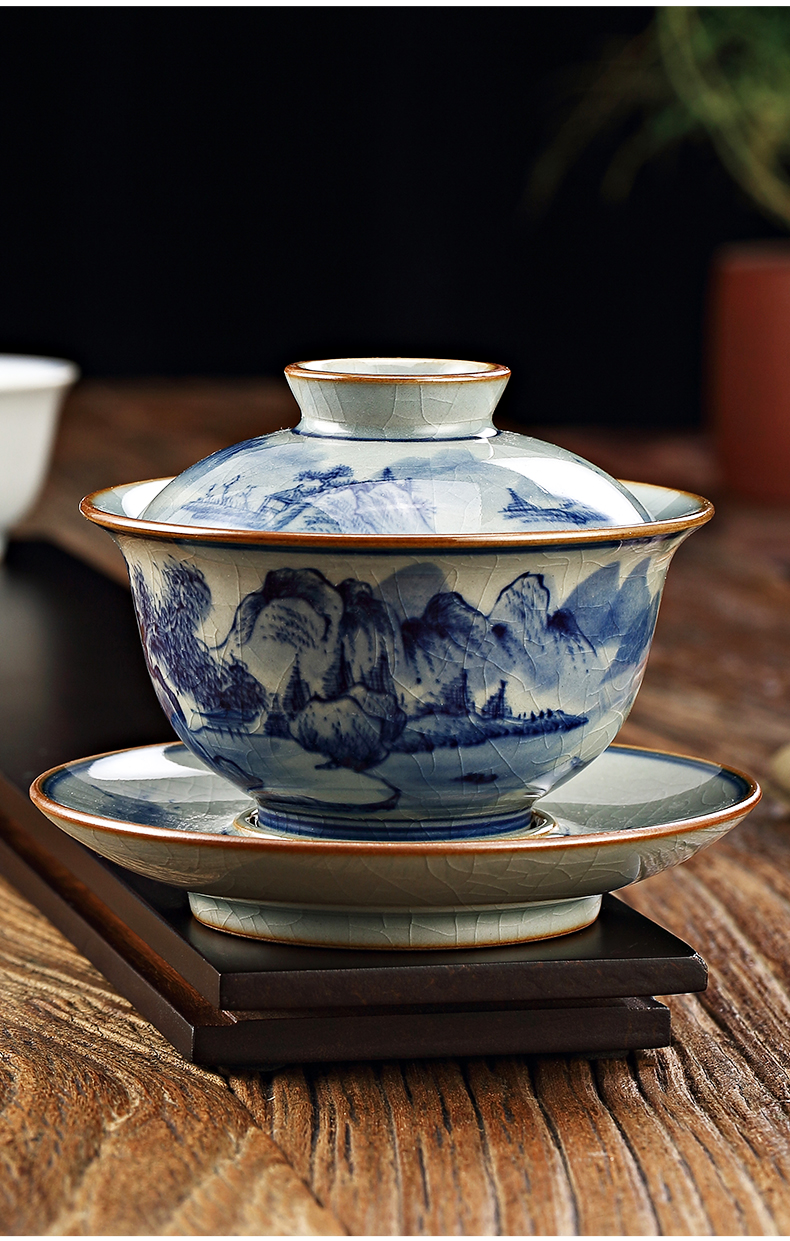 2022新款老陶泥盖碗柴烧景德镇高端三才盖碗手工陶瓷单个青花瓷泡茶不