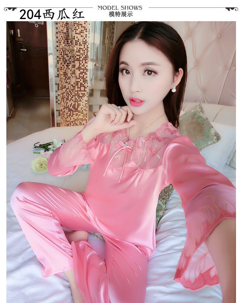 春秋薄款冰丝睡衣女士长袖防蕾丝夏季性感女丝绸两件套装家居204香槟l