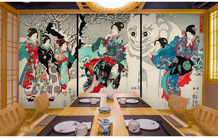 伊尔雅3d日式浮世绘仕女图壁纸日本料理寿司店餐厅装饰墙纸和服和风8d