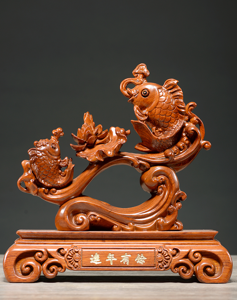 华禧顿 花梨木雕连年有余雕刻年年有余装饰实木红木摆件新店玄关公司