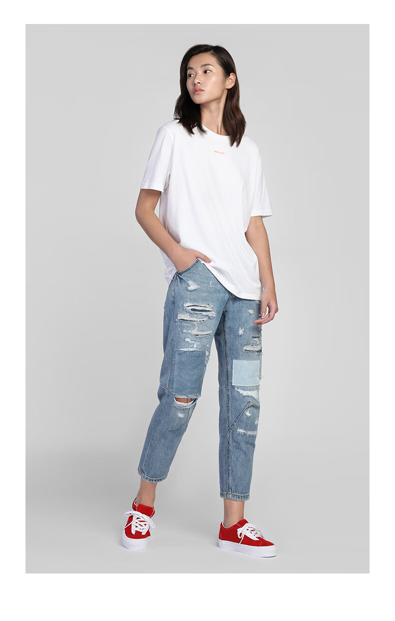 able jeans 新品女士宽松破洞牛仔裤九分立体 水洗浅靛蓝 26【图片