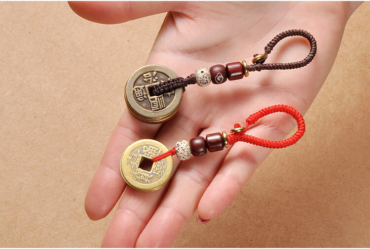 厂家直供风水五帝铜钱挂件钥匙扣 手工编织复古平安黄铜汽车挂饰 大