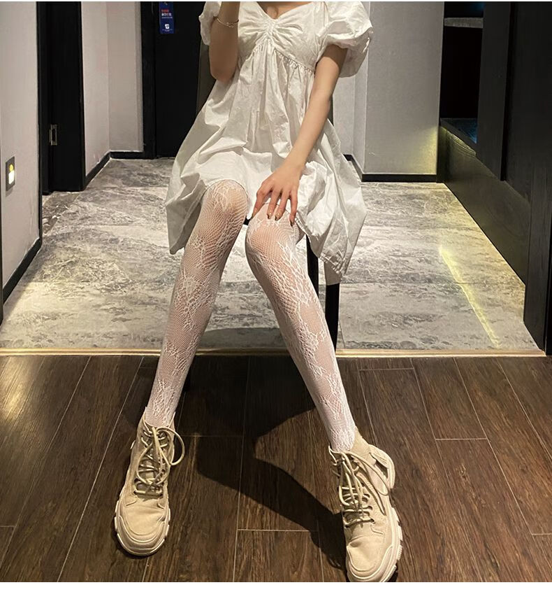 白袜子女蕾丝渔网袜白色丝袜女薄款夏季薄袜连裤袜大码白丝黑丝藤花款